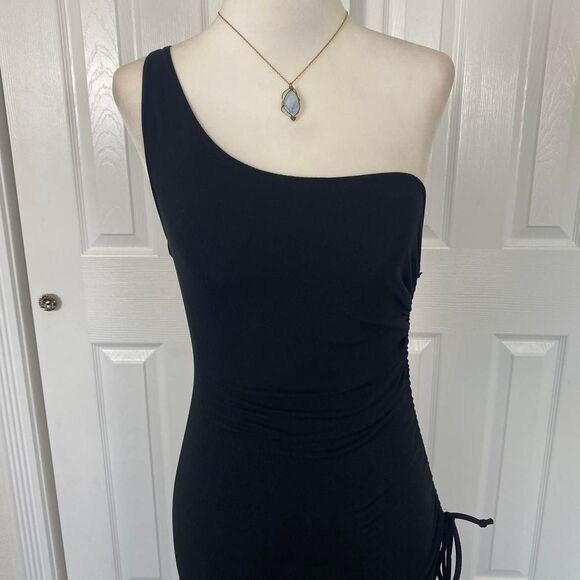 90s Romantic Goth Black Asymmetric One Shoulder Cinched Prom Formal Dress M - Picture 3 of 8
